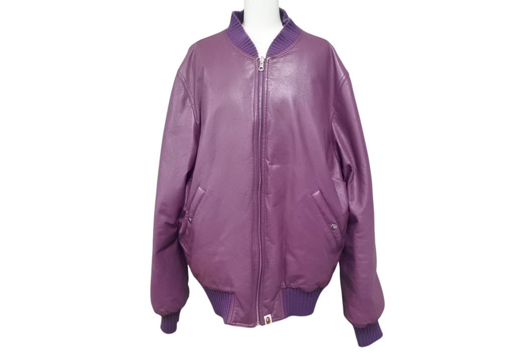 A BATHING APE アベイシングエイプ リバーシブル レザー ダウン ボンバー ジャケット パープル シルバー金具 美品 中古 4c058953