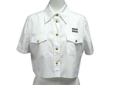 極美品 MIUMIU ミュウミュウ ポプリンシャツ 半袖シャツ MK 1829 10RG コットン ホワイト ゴールド金具 サイズ36 中古 4c066321 正規品