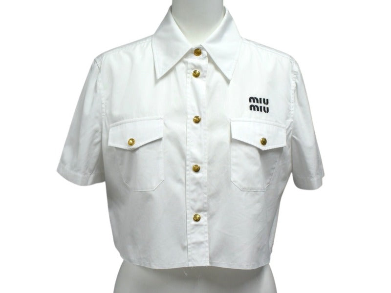 極美品 MIUMIU ミュウミュウ ポプリンシャツ 半袖シャツ MK 1829 10RG コットン ホワイト ゴールド金具 サイズ36 中古 4c066321 正規品