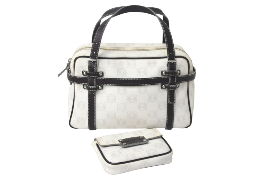 LOEWE ロエベ ハンドバッグ リピート アナグラム 290510 ホワイト ブラウン PVC レザー シルバー金具 美品 中古 4c068487