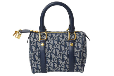 極美品 Christian Dior クリスチャンディオール ハンドバッグ 25cm トロッター ガリアーノ期 02年 キャンバス ネイビー ゴールド 中古 4c069375