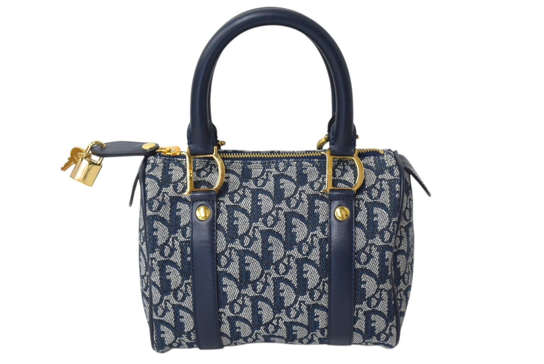 極美品 Christian Dior クリスチャンディオール ハンドバッグ 25cm トロッター ガリアーノ期 02年 キャンバス ネイビー ゴールド 中古 4c069375