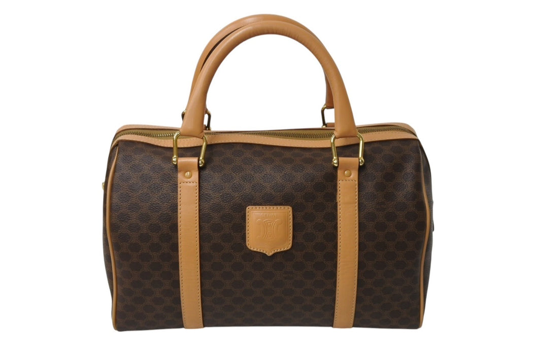 CELINE セリーヌ ハンドバッグ ボストンバッグ マカダム柄 ベージュ ブラウン PVC レザー ゴールド金具 美品 中古 4c070214