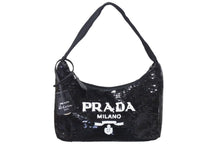 画像をギャラリービューアに読み込む, 極美品 PRADA プラダ ホーボー ハンドバッグ 1NE515 スパンコール ロゴ ブラック ホワイト シルバー金具 中古 4c071784