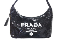 画像をギャラリービューアに読み込む, 極美品 PRADA プラダ ホーボー ハンドバッグ 1NE515 スパンコール ロゴ ブラック ホワイト シルバー金具 中古 4c071784