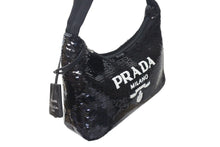 画像をギャラリービューアに読み込む, 極美品 PRADA プラダ ホーボー ハンドバッグ 1NE515 スパンコール ロゴ ブラック ホワイト シルバー金具 中古 4c071784