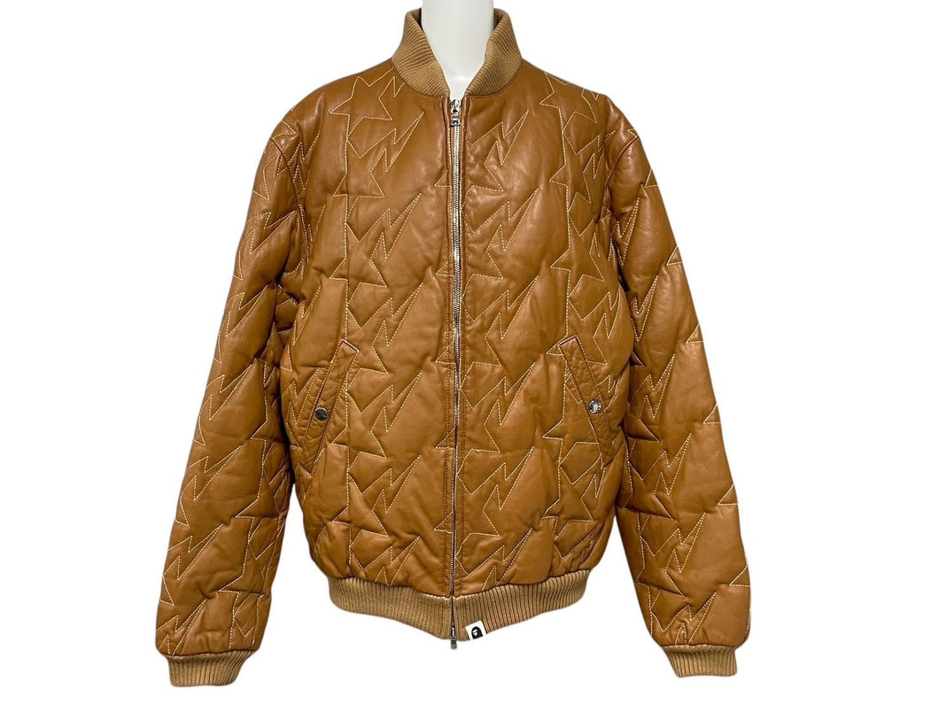 A Bathing ape ア ベイシング エイプ レザージャケット ブルゾン CHINA製 カウレザー ポリエステル ブラウン シルバー 美品 中古 4c072621