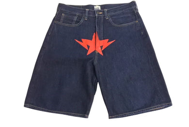 A BATHING APE アベイシングエイプ ショートパンツ パンツ デニム ブルー レッド 星 サイズ L 美品 中古 4c072911