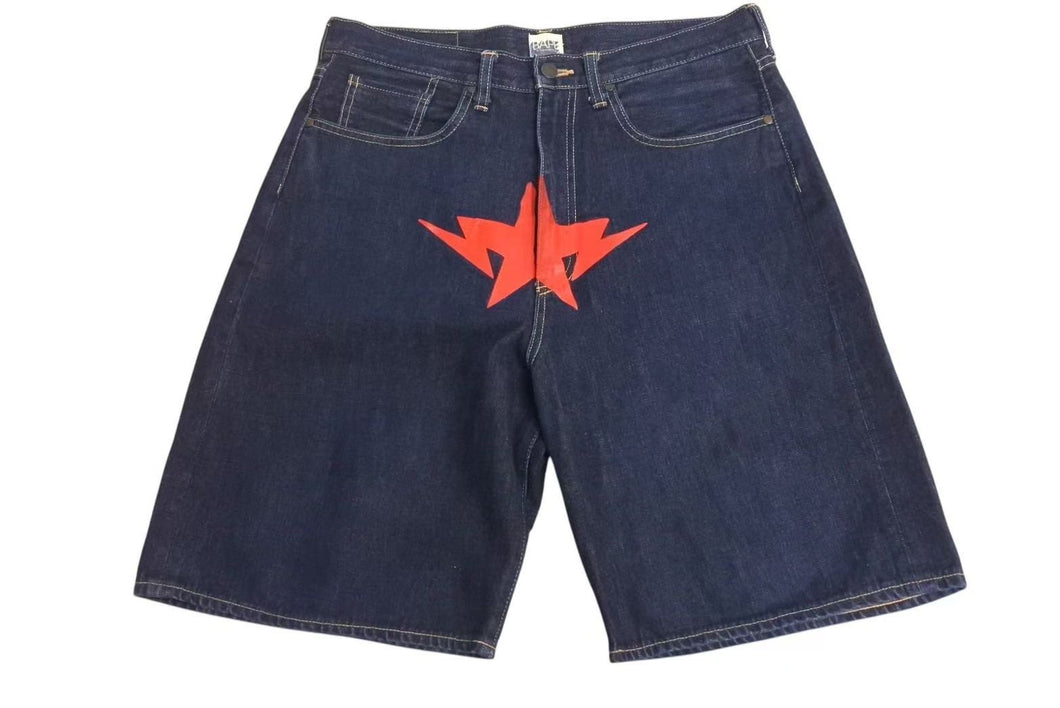 A BATHING APE アベイシングエイプ ショートパンツ パンツ デニム ブルー レッド 星 サイズ L 美品 中古 4c072911