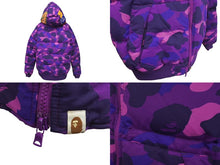 画像をギャラリービューアに読み込む, A BATHING APE アベイシングエイプ シャーク ダウンジャケット カモフラ 001HJC801 1005X パープル ホワイト レッド L 美品 中古 4c073274