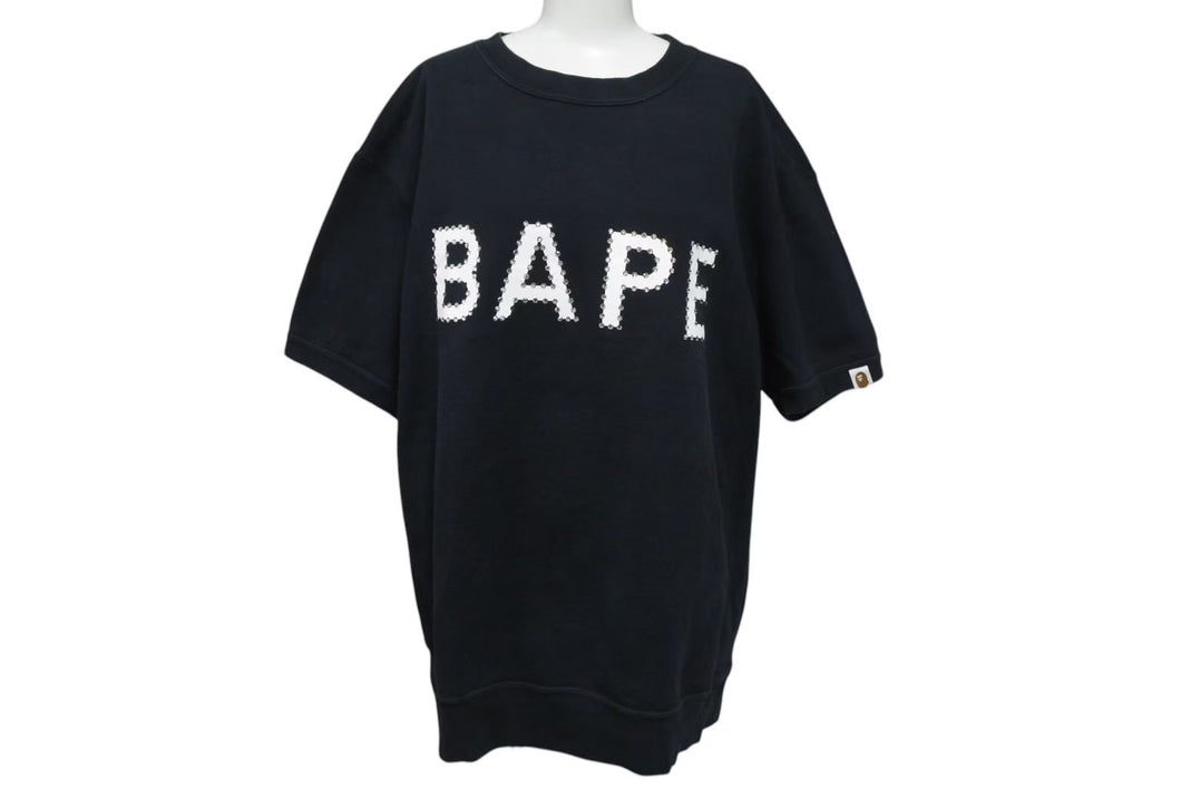 A BATHING APE アベイシングエイプ BAPE ベイプ LOGO 半袖 スウェット スワロフスキー ブラック ホワイト サイズL 美品 中古 4c073280