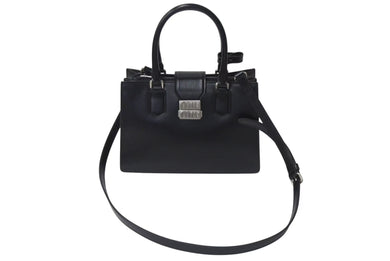 極美品 MIUMIU ミュウミュウ ハンドバッグ ショルダーバッグ 5BA268 ボックスカーフ ブラック シルバー金具 2WAY 中古 4c073378