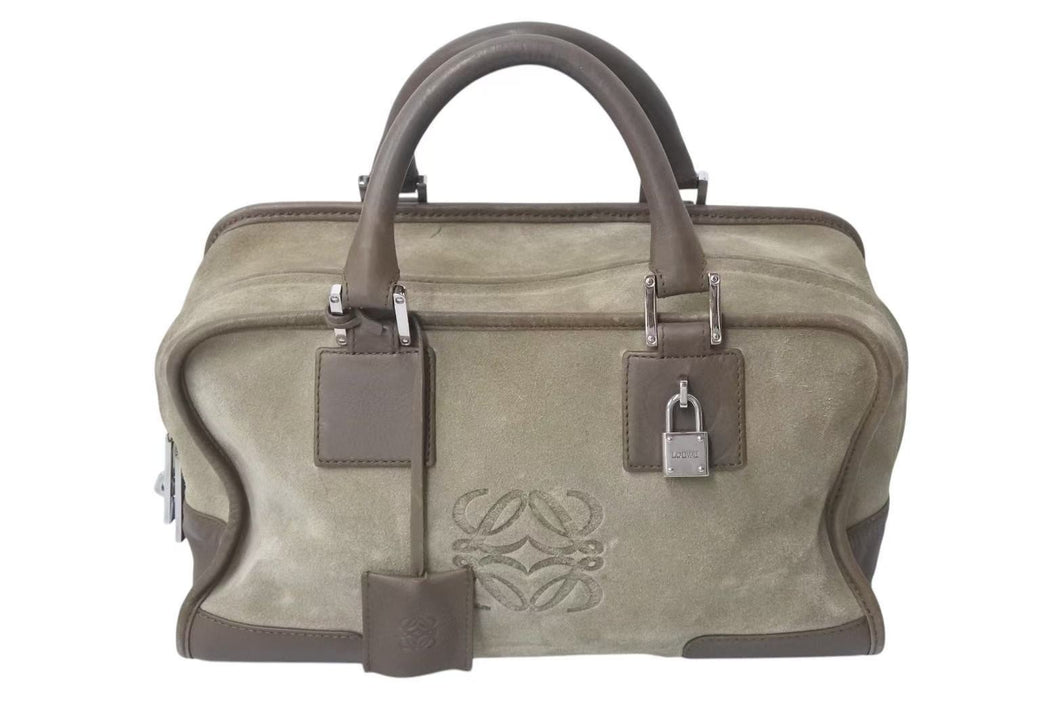 LOEWE ロエベ アマソナ28 ハンドバッグ 010403 アナグラムロゴ スウェード レザー ブラウン シルバー金具 良品 中古 4c073673