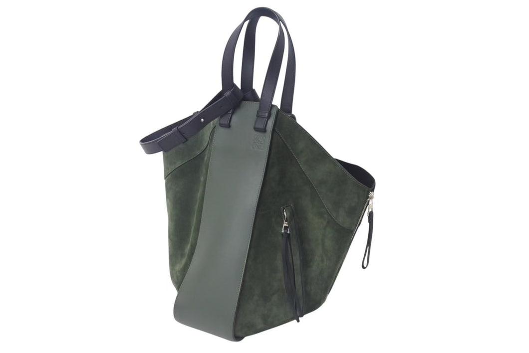 LOEWE ロエベ ハンモック ラージ 2WAY トートバッグ グリーン ブラック レザー スウェード ハンドバッグ ロゴ シルバー金具 美品 中古 4c073676