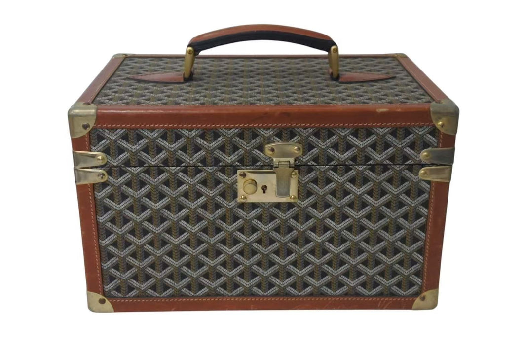 GOYARD ゴヤール ヴァニティケース 化粧ケース ヴィンテージ ブラック ブラウン キャンバス レザー ゴールド金具 良品 中古 4c073869