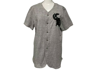 CHROME HEARTS クロムハーツ ベースボールシャツ サイズS クロスボールボタン レザーロゴパッチ グレー シルバー925 美品 中古 4c074111