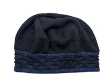 画像をギャラリービューアに読み込む, CHANEL シャネル ベレー帽 ニット帽 ニットベレー ココマーク ブラック ブルー 金属繊維 帽子 美品 中古 4c074476