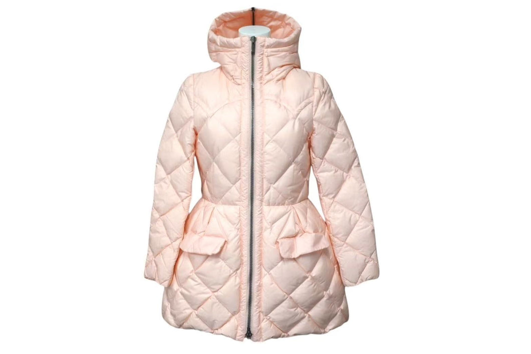 極美品 MIUMIU ミュウミュウ 14AW キルティング ダウンコート ピンク フーディ― ナイロン MS1025 アウター ロゴ サイズ38 中古 4c075115