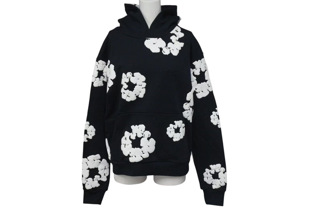 新品同様 DENIMTEARS デニムティアーズ コットンリース プルオーバースウェットパーカー フラワー ブラック サイズS 中古 4c075169