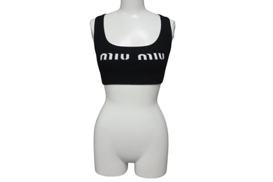 極美品 MIUMIU ミュウミュウ 23SS ビスコース クロップド ロゴ タンクトップ ブラック ポリエステル 現行 MMV076 サイズ36 中古 4c075523