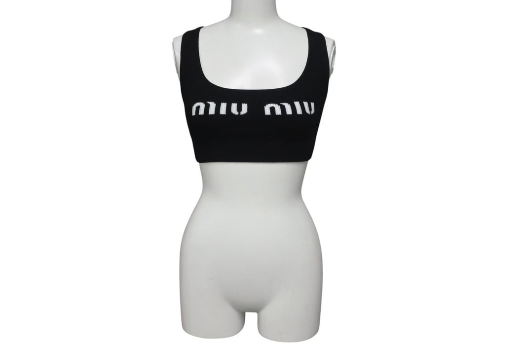 極美品 MIUMIU ミュウミュウ 23SS ビスコース クロップド ロゴ タンクトップ ブラック ポリエステル 現行 MMV076 サイズ36 中古 4c075523