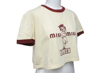 画像をギャラリービューアに読み込む, MIU MIU ミュウミュウ 22SS クロップドリンガー 半袖Tシャツ コットン ワインレッド イエロー サイズXS 美品 中古 4c075524