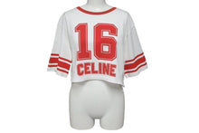 画像をギャラリービューアに読み込む, CELINE セリーヌ クロップド ロゴ 半袖Ｔシャツ ホワイト レッド コットン トップス 16 背番号 2X09D671Q サイズS 美品 中古 4c075525