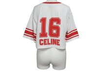 画像をギャラリービューアに読み込む, CELINE セリーヌ クロップド ロゴ 半袖Ｔシャツ ホワイト レッド コットン トップス 16 背番号 2X09D671Q サイズS 美品 中古 4c075525
