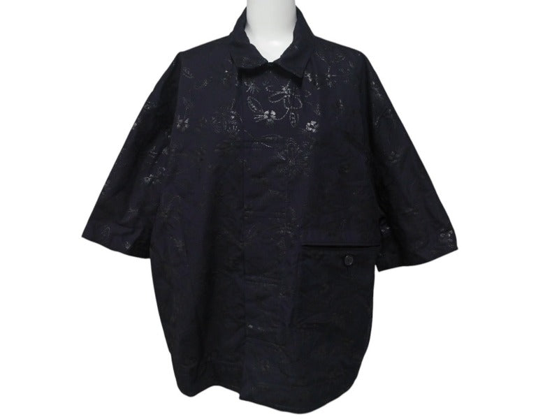新品未使用 HERMES エルメス オープンカラーシャツ 開襟シャツ 25SS サイズ50 花柄 総柄 刺繍 ネイビー 中古 4c075535