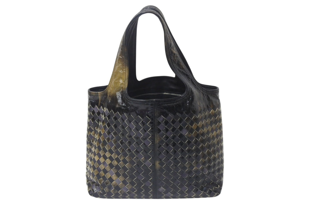 BOTTEGA VENETA ボッテガヴェネタ イントレチャート ハンドバッグ 138749 エナメル レザー ブラック イエロー 美品 中古 4c075691