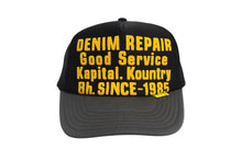 画像をギャラリービューアに読み込む, 新品未使用 KAPITAL キャピタル キャップ DENIM REPAIR SERVICEpt トラックCAP ポリエステル ナイロン 黒 黄色 中古 4c076043