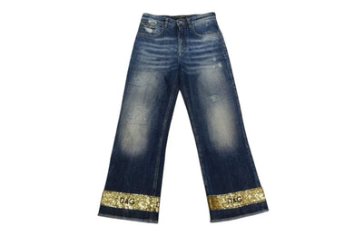DOLCE&GABBANA ドルチェ&ガッバーナ デニム ダメージ加工 フレアパンツ スパンコール ブルー ゴールド サイズ38 美品 中古 4c076239