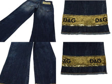 画像をギャラリービューアに読み込む, DOLCE&amp;GABBANA ドルチェ&amp;ガッバーナ デニム ダメージ加工 フレアパンツ スパンコール ブルー ゴールド サイズ38 美品 中古 4c076239