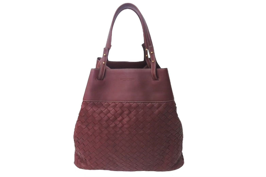 極美品 BOTTEGA VENETA ボッテガヴェネタ イントレチャート トートバッグ ハンドバッグ レザー ボルドー ゴールド金具 中古 4c076348