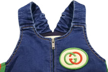 画像をギャラリービューアに読み込む, GUCCI グッチ オーバーオール シェリーライン ロゴ イタリア製 コットン ブルー グリーン レッド サイズ9/12m 美品 中古 50082