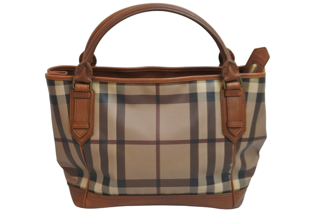 BURBERRY バーバリー チェック柄 レザー トートバッグ ベージュ ブラウン 肩掛け ハンドバッグ 鞄 良品 中古 52585