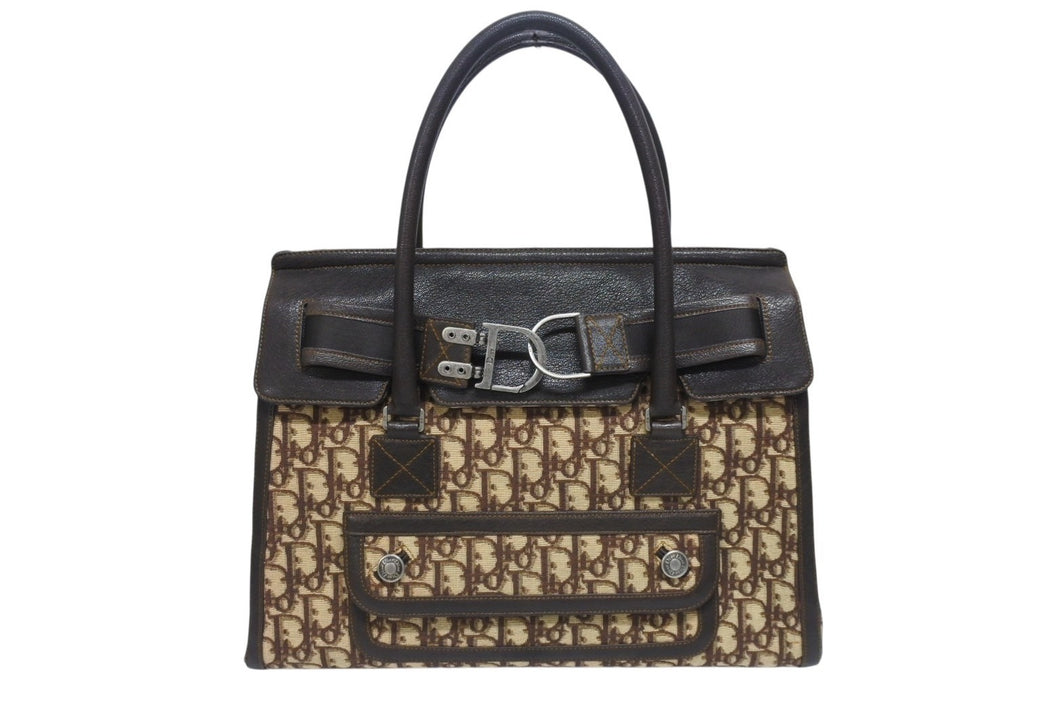Christian Dior クリスチャンディオール トロッター ハンドバッグ キャンバス レザー ブラウン シルバー金具 美品 中古 4b005260