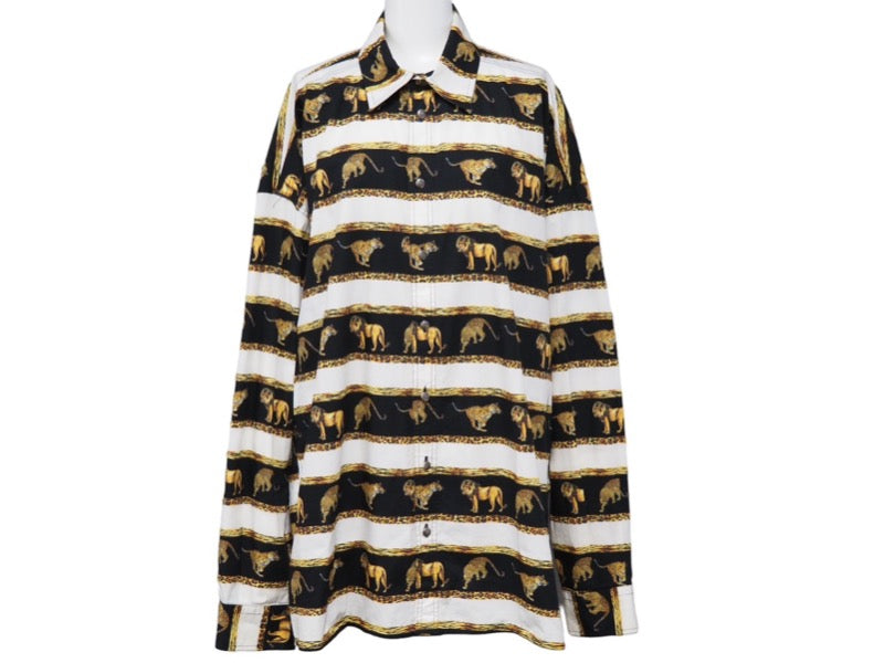 VERSACE ヴェルサーチ 長袖Ｔシャツ versace jeans couture 虎 獅子 豹 総柄 ホワイト ブラック コットン サイズL 美品 中古 52666