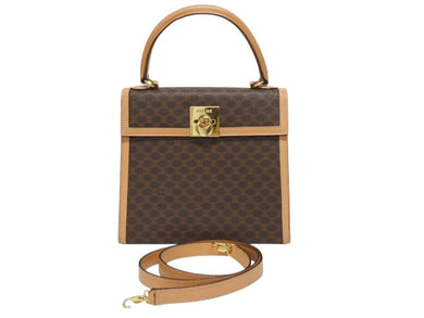 CELINE セリーヌ ハンドバッグ ショルダーバッグ 2WAY M 13 マカダム柄 PVC レザー ブラウン ゴールド金具 美品 中古 4b005293