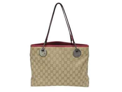 極美品 GUCCI グッチ トートバッグ ハンドバッグ 120837 GGキャンバス レザー ベージュ レッド ブラックメタル金具 中古 4b005548