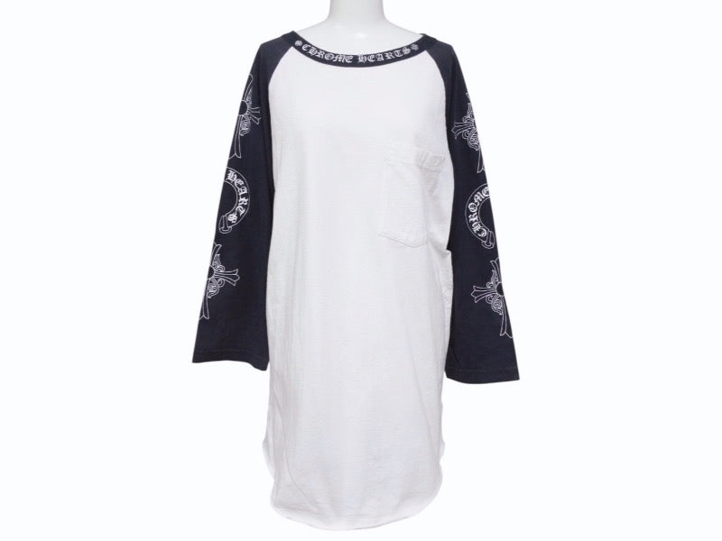 CHROME HEARTS クロムハーツ ラグラン 七分袖Tシャツ サイズM ホワイト ブラック ネックロゴ オールドクロス ホースシュー 美品 中古 4b005684