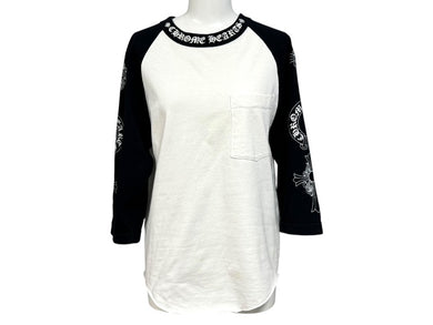 CHROME HEARTS クロムハーツ ラグラン 七分袖Tシャツ サイズS ホワイト ブラック ネックロゴ オールドクロス ホースシュー 美品 中古 4b005689