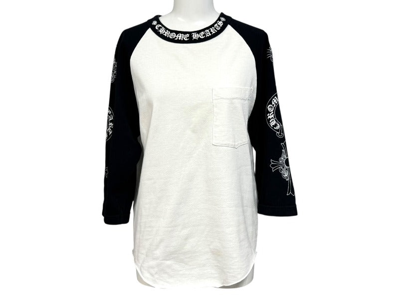 CHROME HEARTS クロムハーツ ラグラン 七分袖Tシャツ サイズS ホワイト ブラック ネックロゴ オールドクロス ホースシュー 美品 中古 4b005689