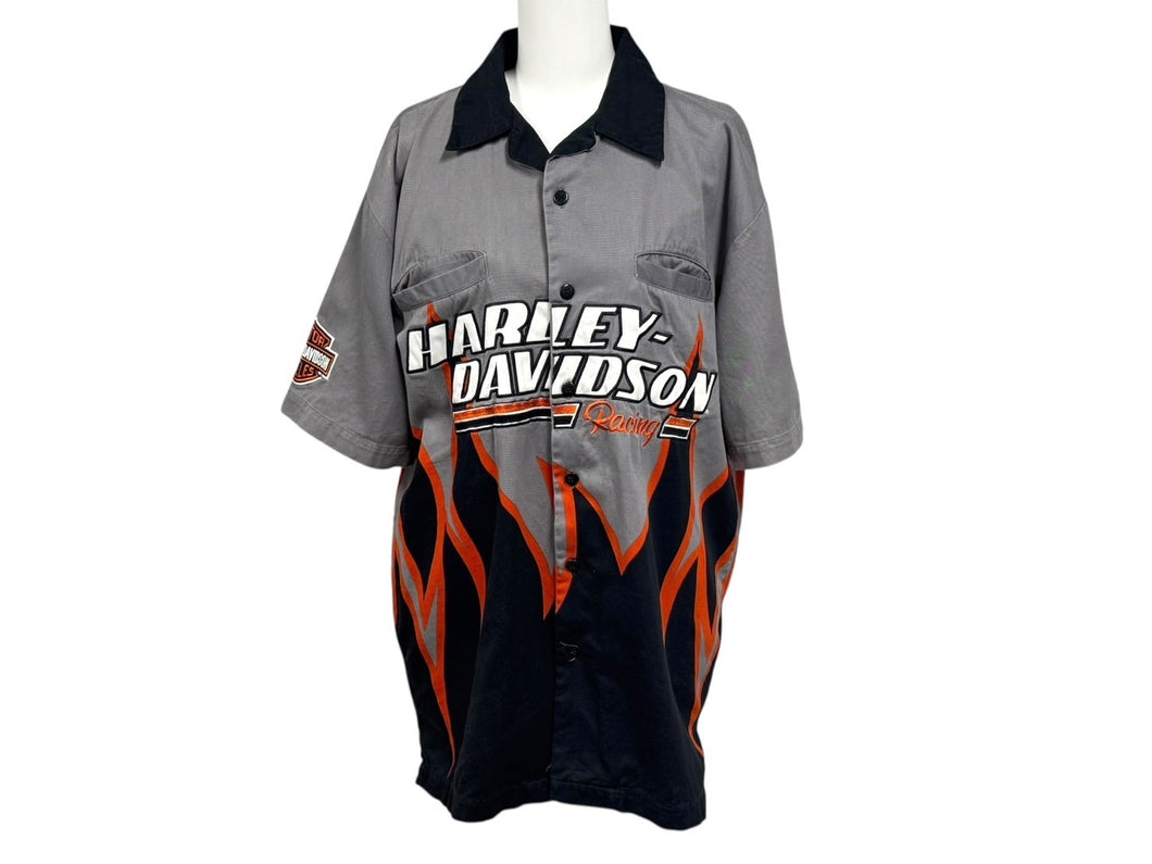 HARLEY DAVIDSON ハーレーダビッドソン 刺繍 半袖オープンカラーシャツ ファイヤーパターン グレー ブラック サイズS 美品 中古 4b006221