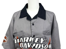 画像をギャラリービューアに読み込む, HARLEY DAVIDSON ハーレーダビッドソン 刺繍 半袖オープンカラーシャツ ファイヤーパターン グレー ブラック サイズS 美品 中古 4b006221