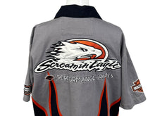 画像をギャラリービューアに読み込む, HARLEY DAVIDSON ハーレーダビッドソン 刺繍 半袖オープンカラーシャツ ファイヤーパターン グレー ブラック サイズS 美品 中古 4b006221