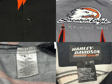 画像をギャラリービューアに読み込む, HARLEY DAVIDSON ハーレーダビッドソン 刺繍 半袖オープンカラーシャツ ファイヤーパターン グレー ブラック サイズS 美品 中古 4b006221