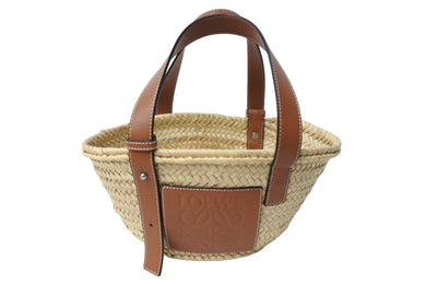 新品同様 LOEWE ロエベ バスケットバッグ ハンドバッグ 327.02.S93 ヤシの葉＆カーフ ベージュ シルバー金具 中古 66773