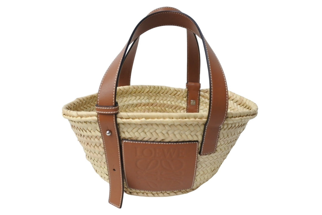 新品同様 LOEWE ロエベ バスケットバッグ ハンドバッグ 327.02.S93 ヤシの葉＆カーフ ベージュ シルバー金具 中古 66773