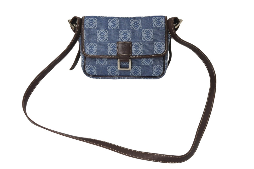 LOEWE ロエベ アナグラム ミニ ショルダーバッグ デニム レザー ブルー ブラウン 070312 スペイン製 シルバー金具 美品 中古 4c069805